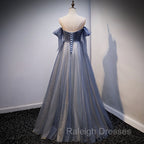 Blue and Grey Tulle Long Sweetheart  Party Dress, Tulle A-line Formal Dress