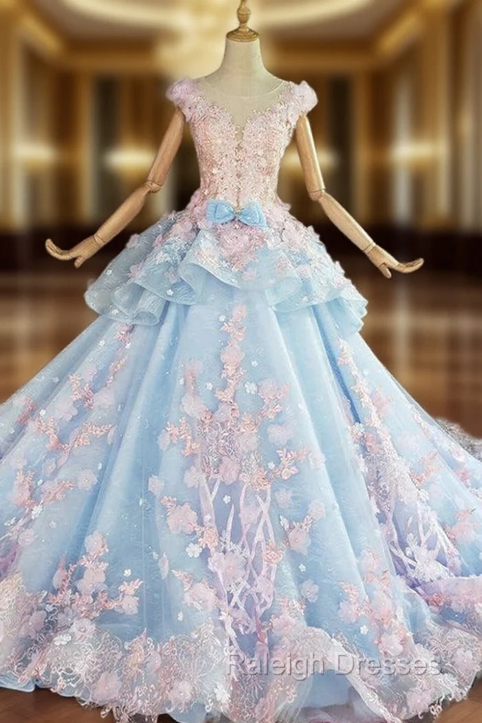 Blue and Pink Ball Gown Tulle with Flowers Sweet 16 Dress, Blue Formal Dress Main image