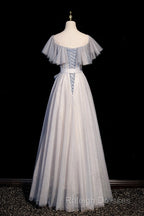 Blue And Pink Beaded Tulle Lovely A-Line Long Party Dress, Tulle Evening Dresses Prom Dresses