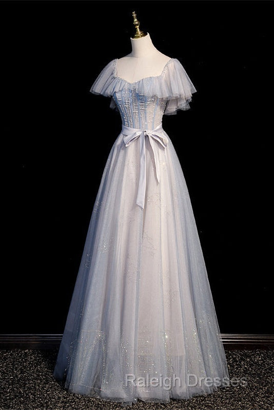 Blue And Pink Beaded Tulle Lovely A-Line Long Party Dress, Tulle Evening Dresses Prom Dresses