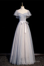 Blue And Pink Beaded Tulle Lovely A-Line Long Party Dress, Tulle Evening Dresses Prom Dresses