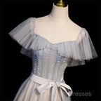 Blue And Pink Beaded Tulle Lovely A-Line Long Party Dress, Tulle Evening Dresses Prom Dresses