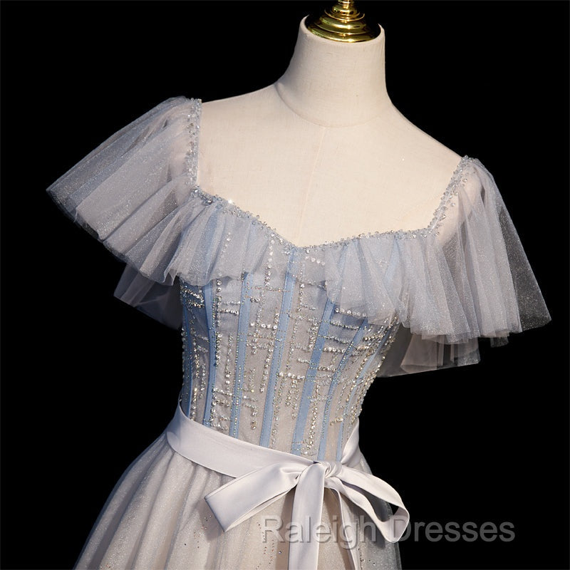 Blue And Pink Beaded Tulle Lovely A-Line Long Party Dress, Tulle Evening Dresses Prom Dresses