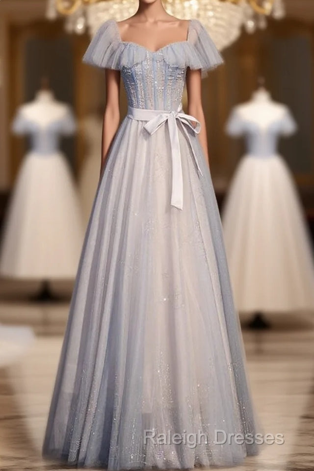 Blue And Pink Beaded Tulle Lovely A-Line Long Party Dress, Tulle Evening Dresses Prom Dresses Main image