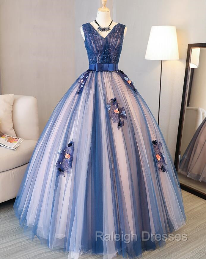 Blue and Pink Flower Lace Applique V-neckline Sweet 16 Gown, Floor Length Formal Dresses Secondary image