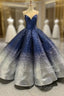 Blue And Silver Ball Gown Sequins Cap Sleeve Prom Dress