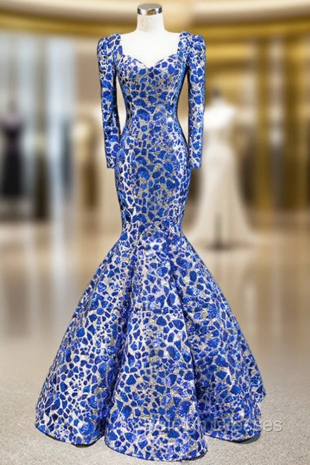 Blue And Silver Sequins Mermaid Long Sleeve Square Prom Dress