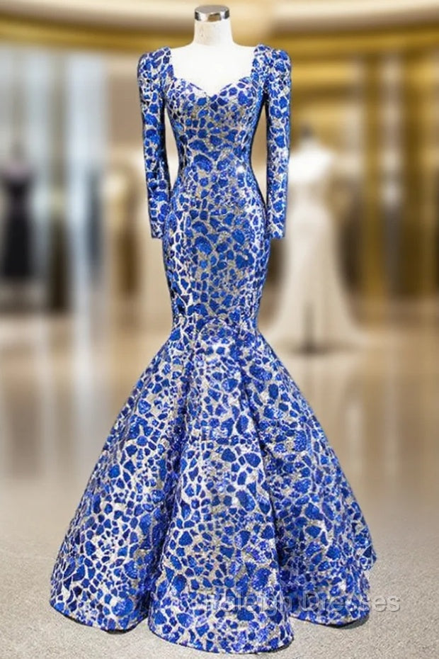 Blue And Silver Sequins Mermaid Long Sleeve Square Prom Dress Main image