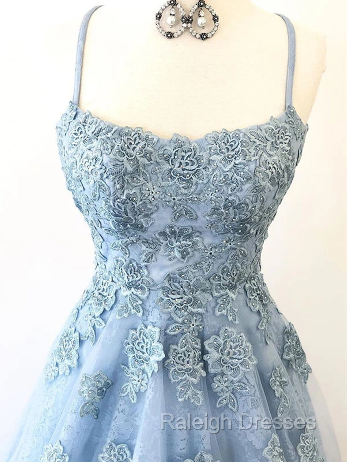 Blue Backless Lace Prom Dresses, Open Back Blue Lace Formal Evening Graduation Dresses Secondary image