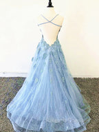 Blue Backless Lace Prom Dresses, Open Back Blue Lace Formal Evening Graduation Dresses