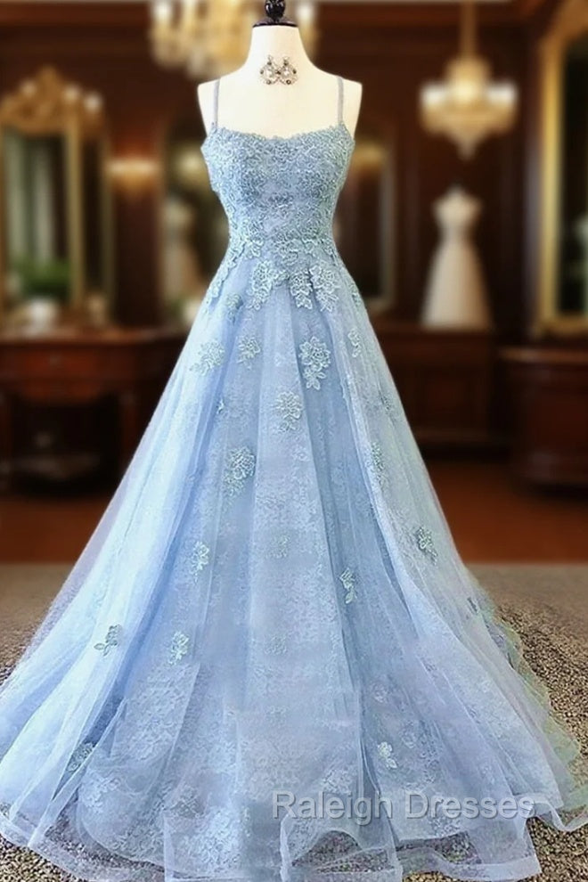 Blue Backless Lace Prom Dresses, Open Back Blue Lace Formal Evening Graduation Dresses