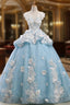 Blue Ball Gown Cap Sleeve Organza Flower Backless Wedding Dress