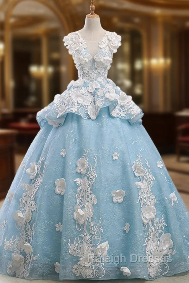 Blue Ball Gowns Cap Sleeve Organza Flower Backless Wedding Dress Main image