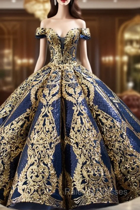 Blue Ball Gown Gold Sequins Off the Shoulder Deep V-neck Prom Dress