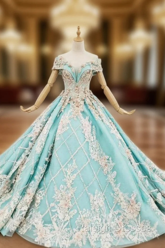 Blue Ball Gown Off the Shoulder Appliques Beading Prom Dress Main image