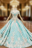 Blue Ball Gown Off the Shoulder Appliques Beading Prom Dress
