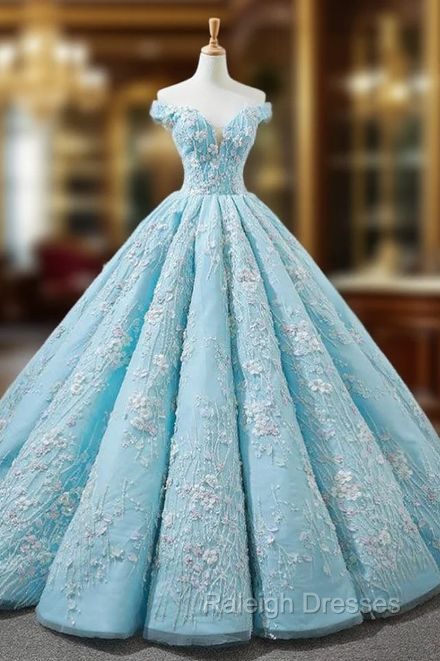 Blue Ball Gown Off The Shoulder Appliques Haute Couture Wedding Dress