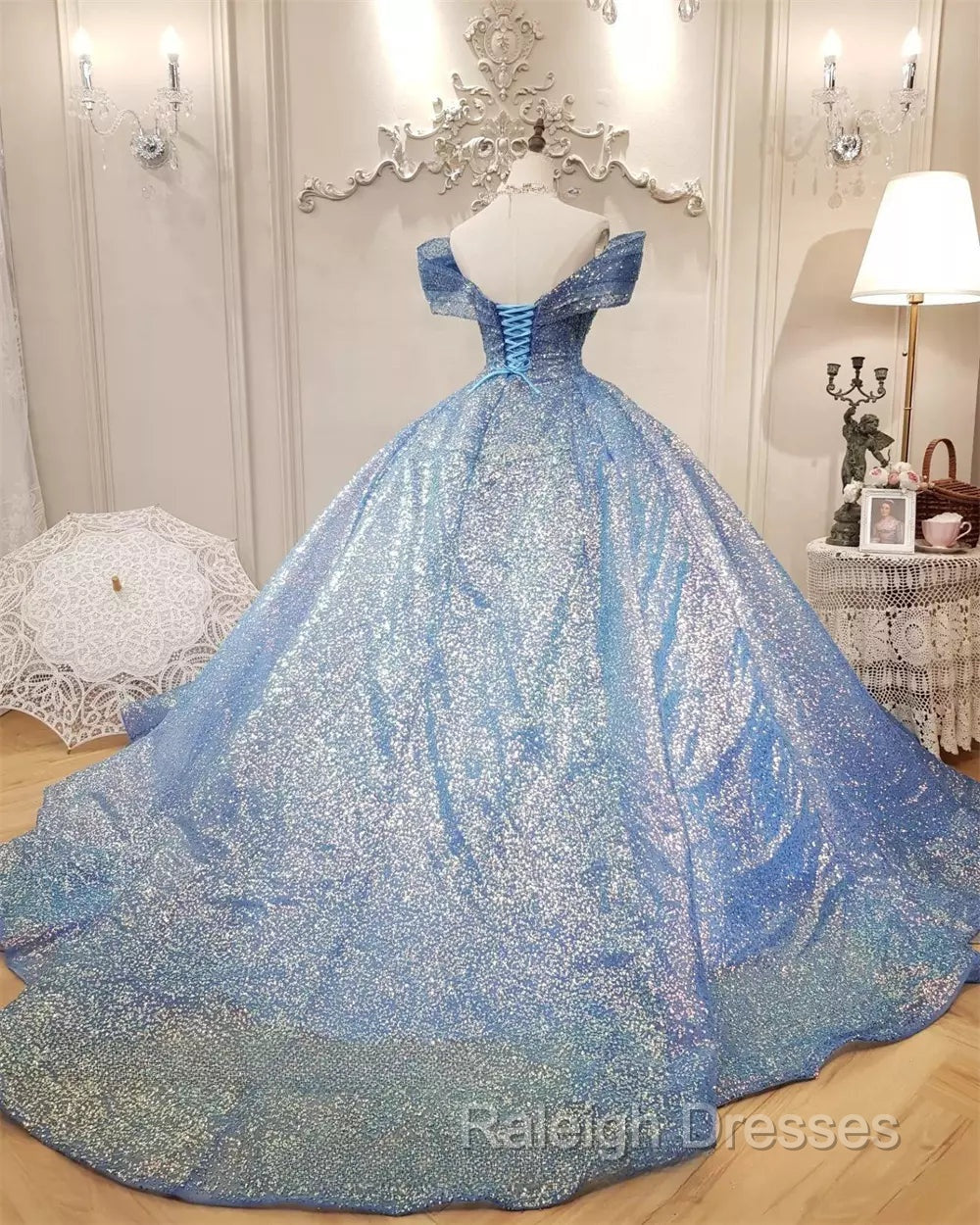 Blue Ball Gowns Off-the-shoulder Sequins Quinceanera Dresses