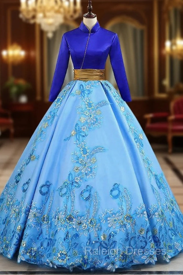 Blue Ball Gown Satin High Neck Long Sleeve Embroidery Quinceanera Dresses