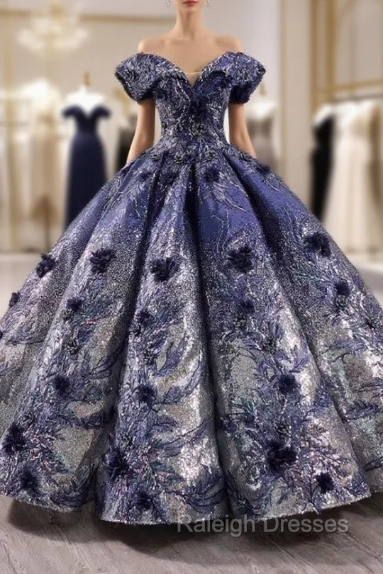Blue Ball Gown Sequins Appliques Off the Shoulder Prom Dress Main image