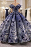 Blue Ball Gown Sequins Appliques Off the Shoulder Prom Dress