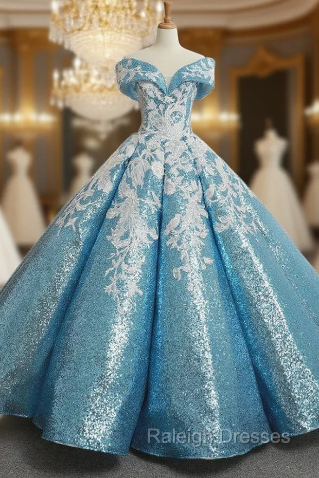 Blue Ball Gowns Sequins Off The Shoulder Appliques Wedding Dress Main image