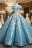 Blue Ball Gowns Sequins Off The Shoulder Appliques Wedding Dress