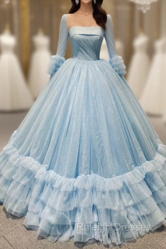 Blue Ball Gown Sequins Tulle Long Sleeve Pleats Prom Dress
