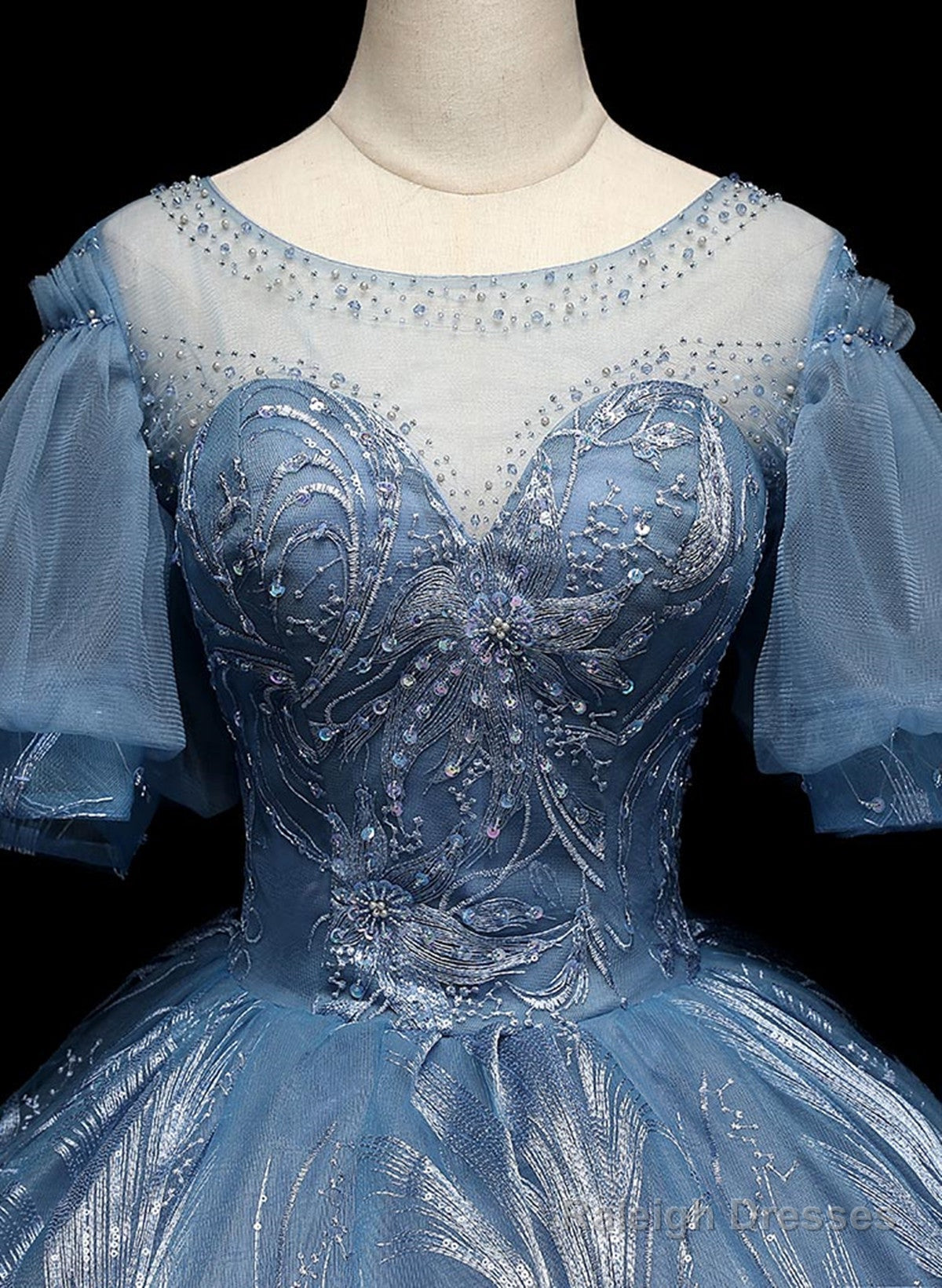 Blue Ball Gown Short Sleeves Tulle Long Party Dress, Blue Tulle Prom Dress Secondary image