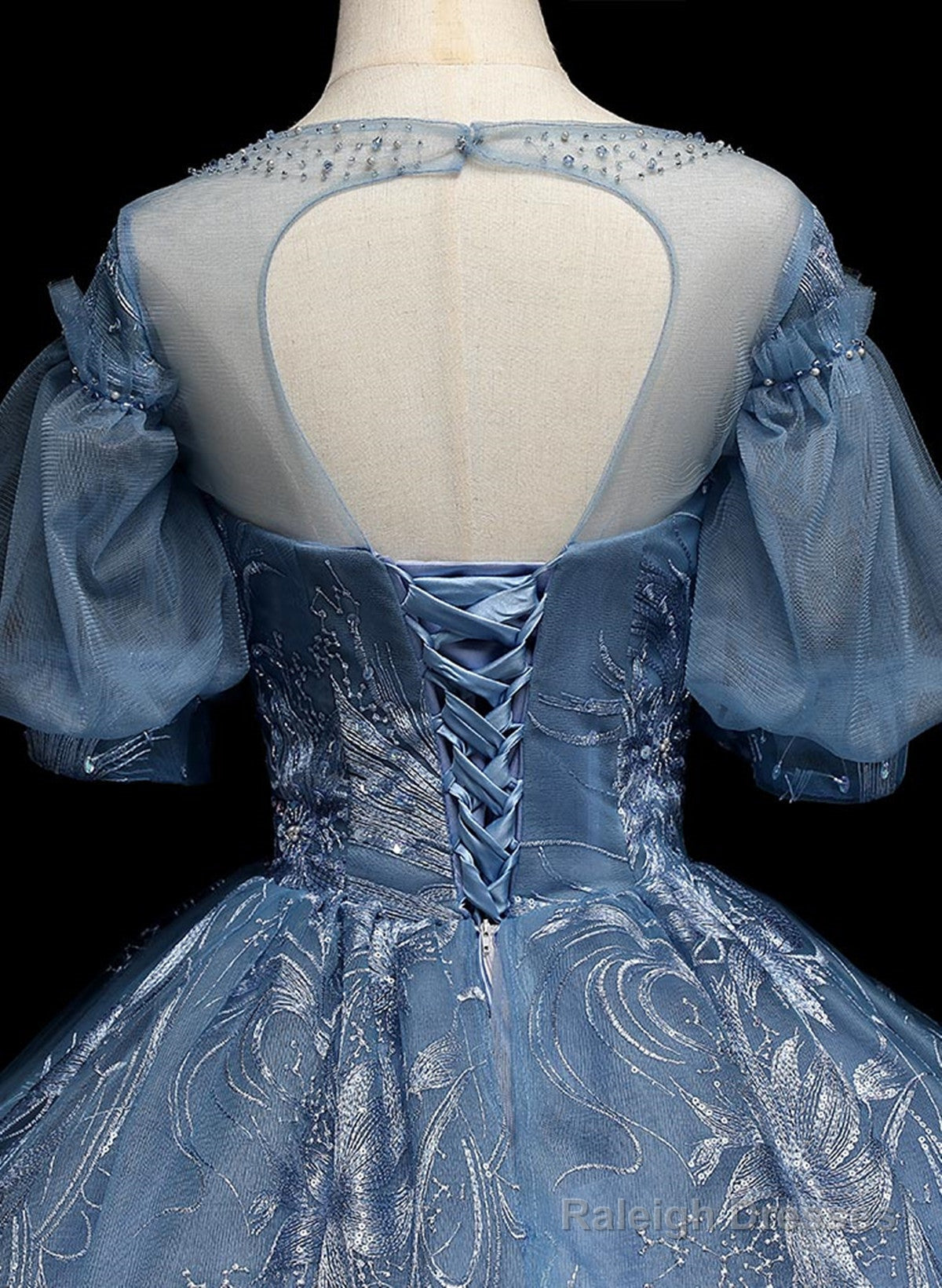 Blue Ball Gown Short Sleeves Tulle Long Party Dress, Blue Tulle Prom Dress