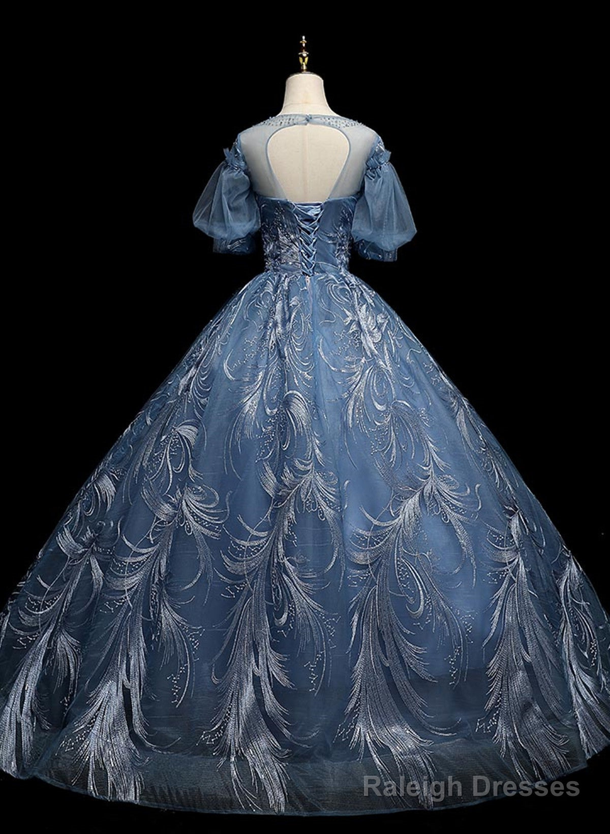 Blue Ball Gown Short Sleeves Tulle Long Party Dress, Blue Tulle Prom Dress