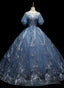 Blue Ball Gown Short Sleeves Tulle Long Party Dress, Blue Tulle Prom Dress