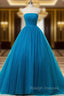 Blue Ball Gown Strapless Tulle Backless Wedding Dress