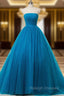 Blue Ball Gown Strapless Tulle Backless Wedding Dresses