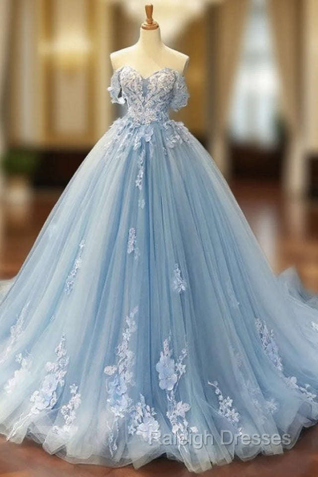 Blue Ball Gown Tulle Appliques Off The Shoulder Backless Sweet 16 Prom Dresses