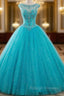Blue Ball Gown Tulle Backless Long Quinceanera Dresses With Crystal