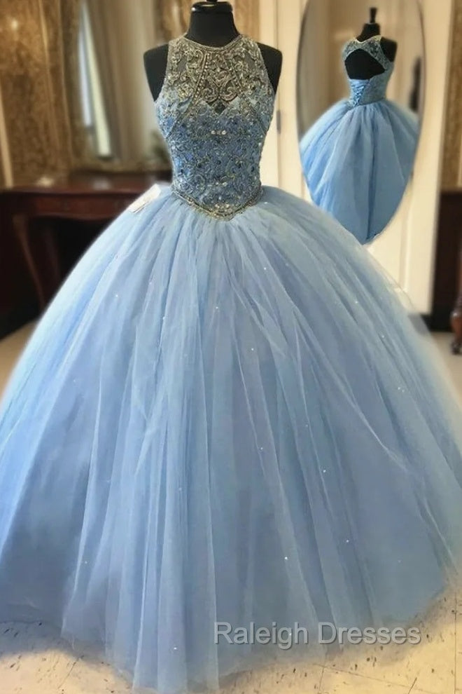 Blue Ball Gown Tulle Beaded Halter Backless Sweet 16 Prom Dress Main image