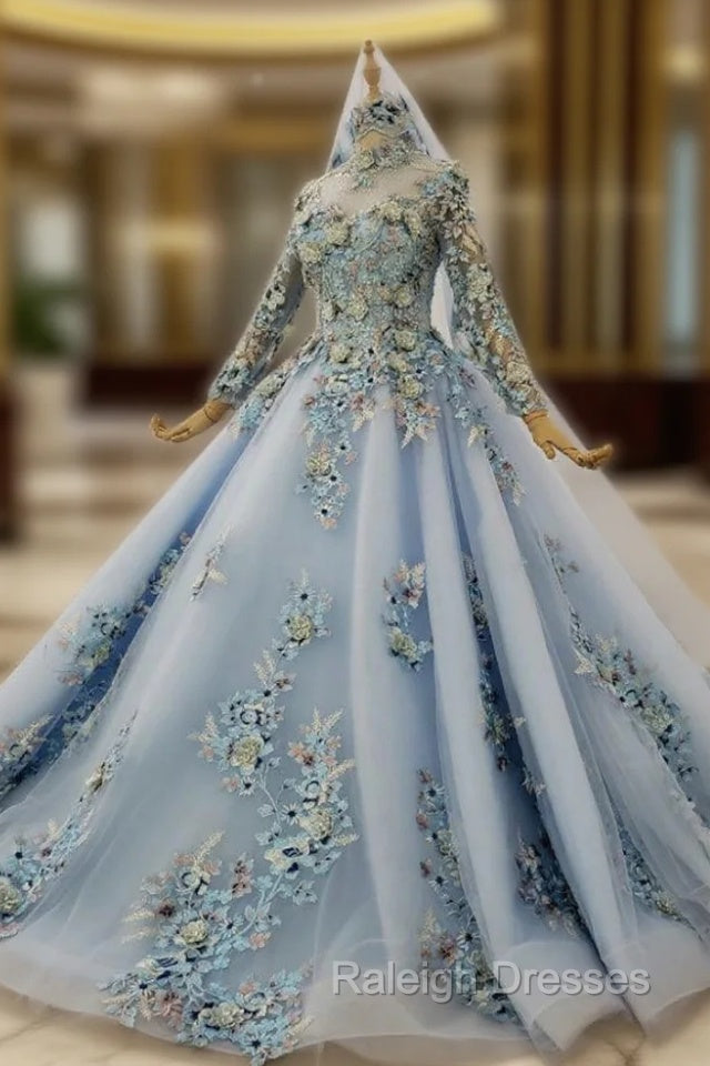 Blue Ball Gown Tulle High Neck Long Sleeve Appliques Beading Wedding Dressading Wedding Dress Main image