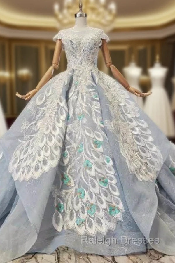 Blue Ball Gowns Tulle Lace Appliques Cap Sleeve Luxury Wedding Dress With Beading Main image