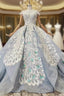 Blue Ball Gowns Tulle Lace Appliques Cap Sleeve Luxury Wedding Dress With Beading