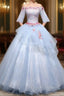 Blue Ball Gowns Tulle Lace Short Sleeve Lace Quinceanera Dresses