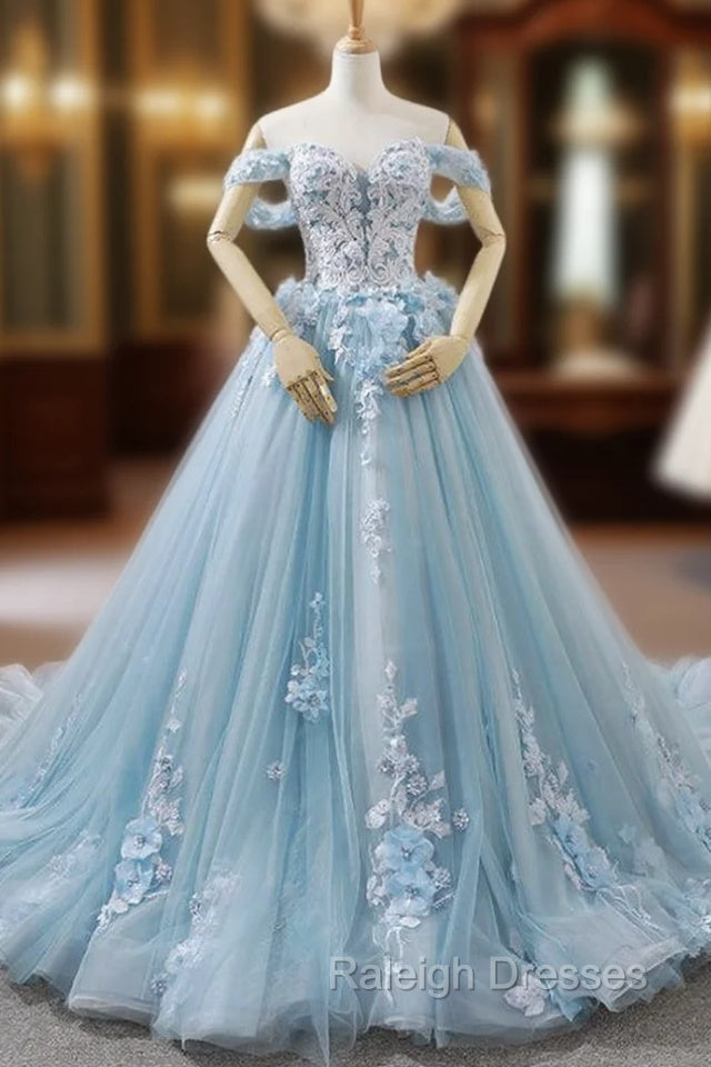 Blue Ball Gown Tulle Off The Shoulder Appliques Wedding Dress