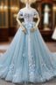 Blue Ball Gown Tulle Off The Shoulder Appliques Wedding Dress