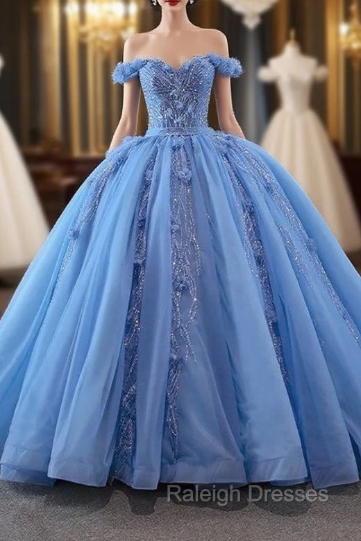 Blue Ball Gown Tulle Off the Shoulder Sequins Appliques Prom Dress