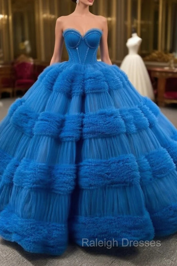 Blue Ball Gown Tulle Pink Tulle Pleats Beading Prom Dress Main image