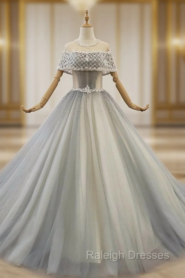 Blue Ball Gown Tulle Sequins Floor Length Wedding Dress