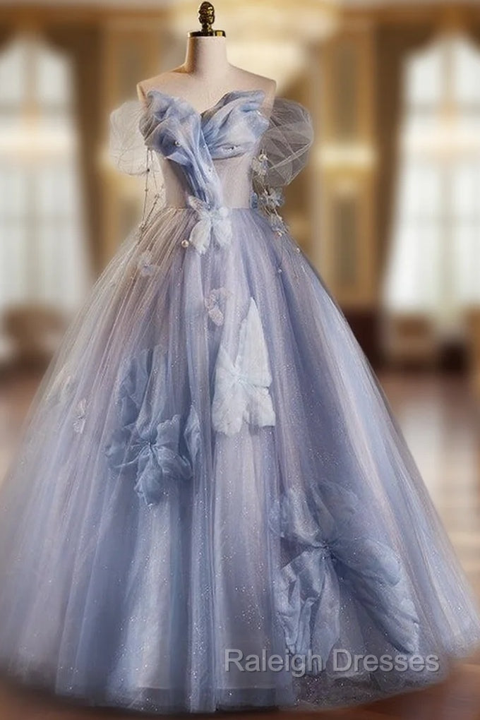 Blue Ball Gown Tulle Sequins Off the Shoulder Beading Prom Dress