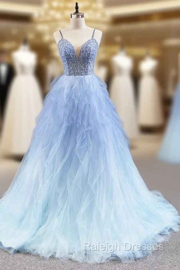 Blue Ball Gown Tulle Spaghetti Straps Beading Prom Dress