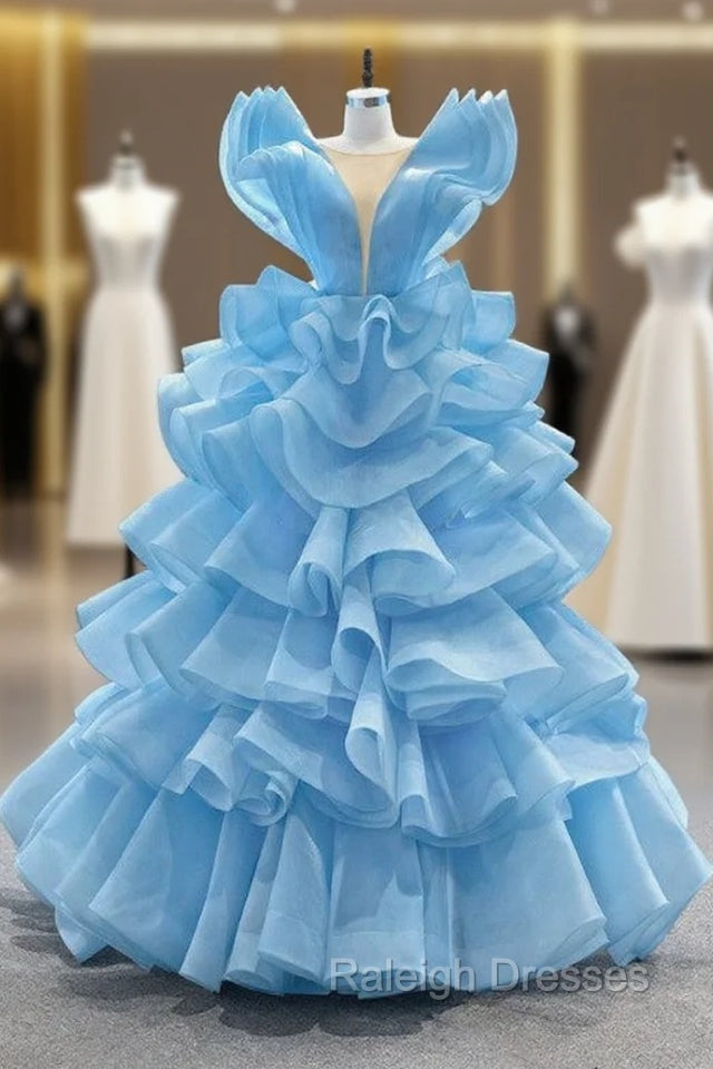 Blue Ball Gown Tulle Tiers See Through V-neck Prom Dress Main image