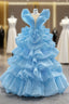 Blue Ball Gown Tulle Tiers See Through V-neck Prom Dress